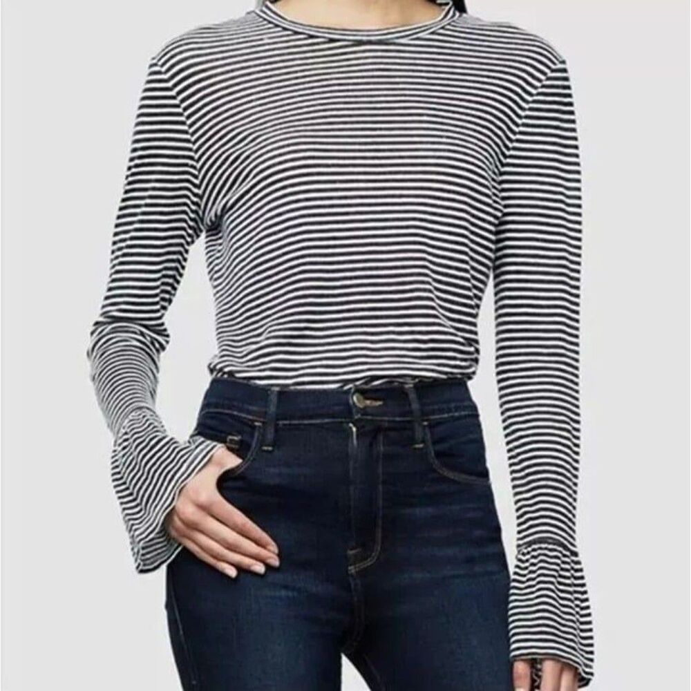 Frame Denim Black and White Striped Long Sleeve Tee